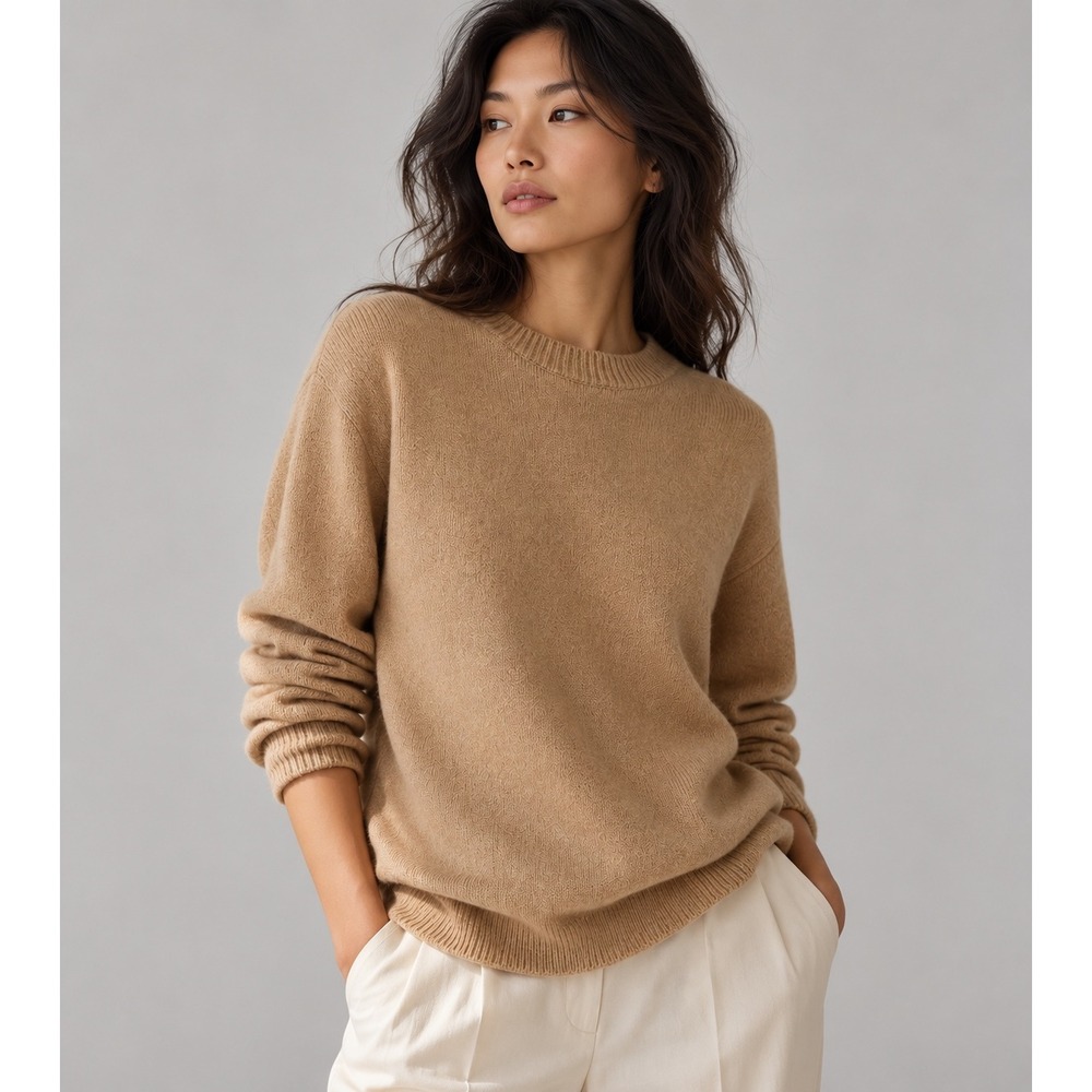 Banana Republic Womens L Camel Tan Metallic Shimmer Puff Sleeve Crewneck Sweater
